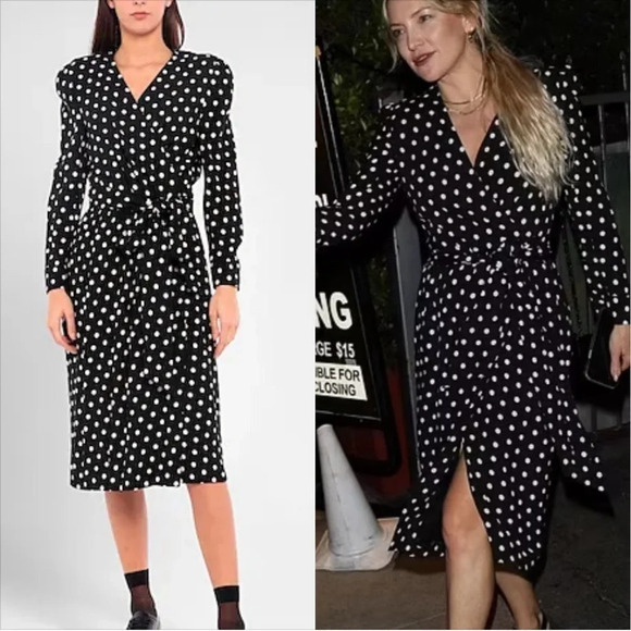 NWT CELINE Midi Wrap Polka Dot Black Dress SZ EUR 36, US 4, S - Picture 1 of 12
